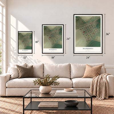 Balmorhea, Texas map in 12 x 18, 18 x 24 and 24 x 36 inch sizes above a sofa