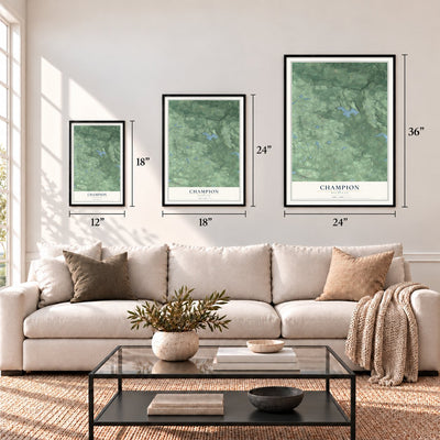 Champion, Michigan map in 12 x 18, 18 x 24 and 24 x 36 inch sizes above a sofa