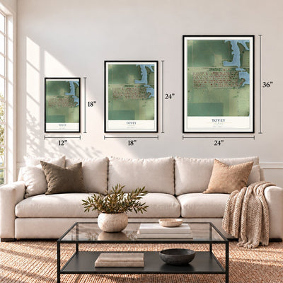 Tovey, Illinois map in 12 x 18, 18 x 24 and 24 x 36 inch sizes above a sofa