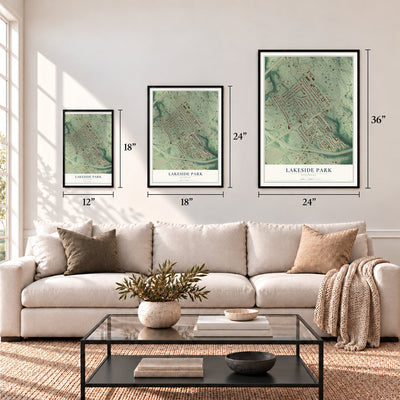Lakeside Park, Kentucky map in 12 x 18, 18 x 24 and 24 x 36 inch sizes above a sofa
