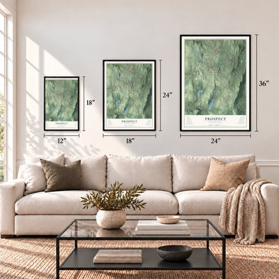 Prospect, Connecticut map in 12 x 18, 18 x 24 and 24 x 36 inch sizes above a sofa
