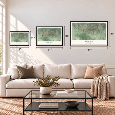Rose Hill, Virginia map in 12 x 18, 18 x 24 and 24 x 36 inch sizes above a sofa