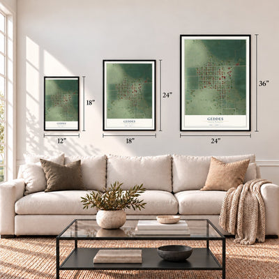 Geddes, South Dakota map in 12 x 18, 18 x 24 and 24 x 36 inch sizes above a sofa