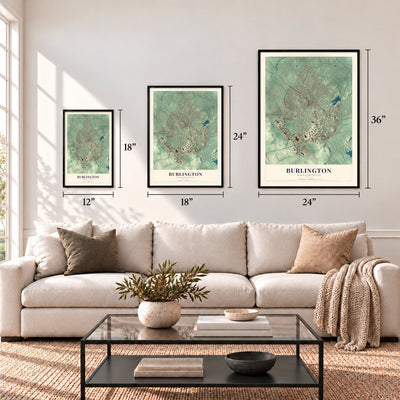 Burlington, Massachusetts map in 12 x 18, 18 x 24 and 24 x 36 inch sizes above a sofa