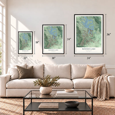 Bonney Lake, Washington map in 12 x 18, 18 x 24 and 24 x 36 inch sizes above a sofa