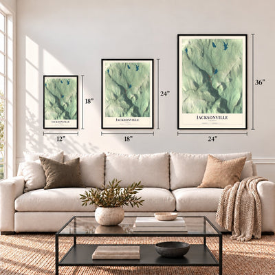 Jacksonville, Vermont map in 12 x 18, 18 x 24 and 24 x 36 inch sizes above a sofa