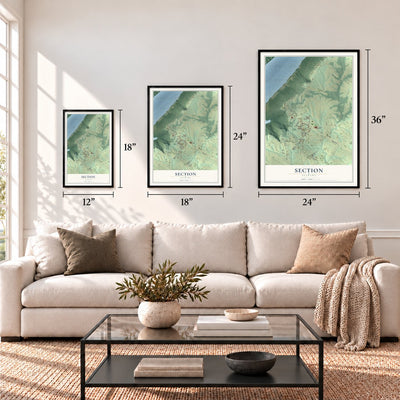 Section, Alabama map in 12 x 18, 18 x 24 and 24 x 36 inch sizes above a sofa