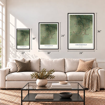 Chesterfield, Illinois map in 12 x 18, 18 x 24 and 24 x 36 inch sizes above a sofa