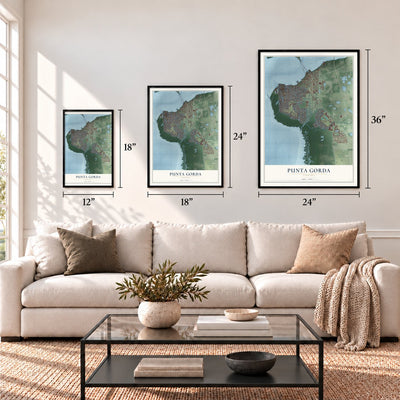 Punta Gorda, Florida map in 12 x 18, 18 x 24 and 24 x 36 inch sizes above a sofa