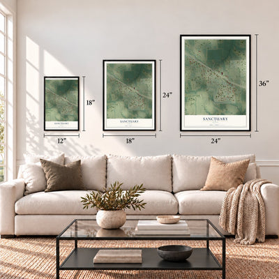 Sanctuary, Texas map in 12 x 18, 18 x 24 and 24 x 36 inch sizes above a sofa