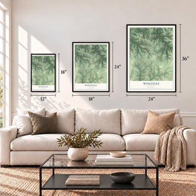 Wingville, Wisconsin map in 12 x 18, 18 x 24 and 24 x 36 inch sizes above a sofa