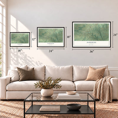 Damascus, Arkansas map in 12 x 18, 18 x 24 and 24 x 36 inch sizes above a sofa