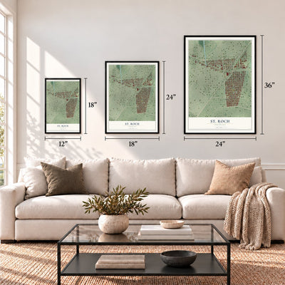 St. Roch, Louisiana map in 12 x 18, 18 x 24 and 24 x 36 inch sizes above a sofa