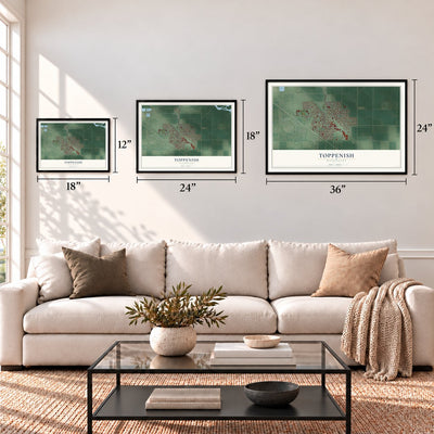 Toppenish, Washington map in 12 x 18, 18 x 24 and 24 x 36 inch sizes above a sofa