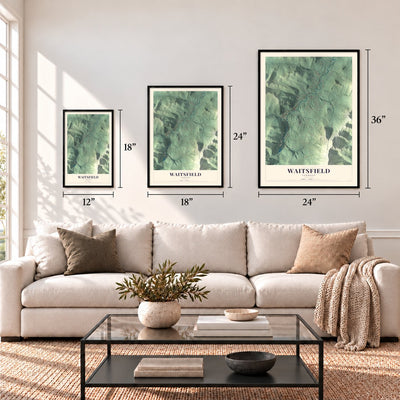 Waitsfield, Vermont map in 12 x 18, 18 x 24 and 24 x 36 inch sizes above a sofa