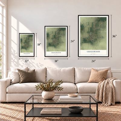 Greenwood, Florida map in 12 x 18, 18 x 24 and 24 x 36 inch sizes above a sofa