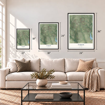 Parker, Texas map in 12 x 18, 18 x 24 and 24 x 36 inch sizes above a sofa