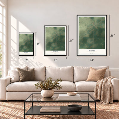 Mizpah, Minnesota map in 12 x 18, 18 x 24 and 24 x 36 inch sizes above a sofa
