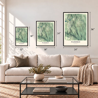 Plainfield, Massachusetts map in 12 x 18, 18 x 24 and 24 x 36 inch sizes above a sofa