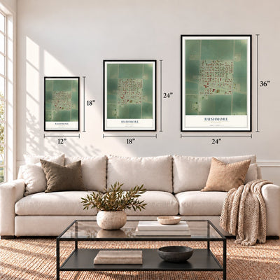 Rushmore, Minnesota map in 12 x 18, 18 x 24 and 24 x 36 inch sizes above a sofa