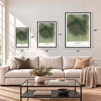 Gillett, Arkansas map in 12 x 18, 18 x 24 and 24 x 36 inch sizes above a sofa