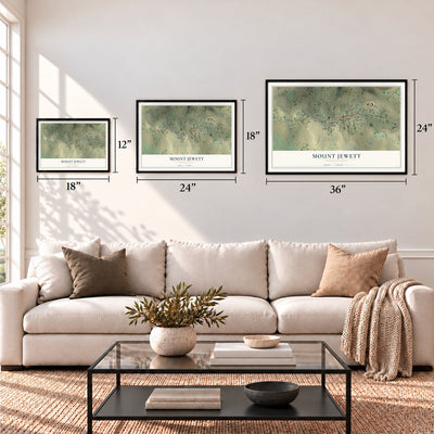 Mount Jewett, Pennsylvania map in 12 x 18, 18 x 24 and 24 x 36 inch sizes above a sofa