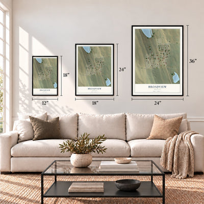 Broadview, Montana map in 12 x 18, 18 x 24 and 24 x 36 inch sizes above a sofa