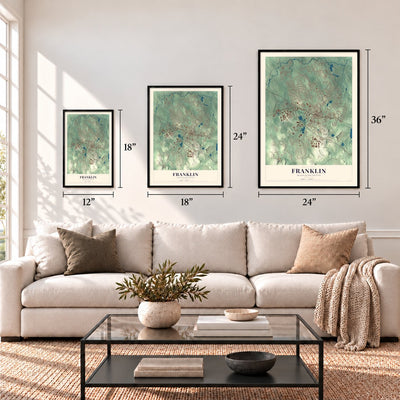 Franklin, Massachusetts map in 12 x 18, 18 x 24 and 24 x 36 inch sizes above a sofa