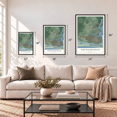 Fort Walton Beach, Florida map in 12 x 18, 18 x 24 and 24 x 36 inch sizes above a sofa