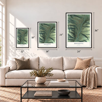 Juliaetta, Idaho map in 12 x 18, 18 x 24 and 24 x 36 inch sizes above a sofa