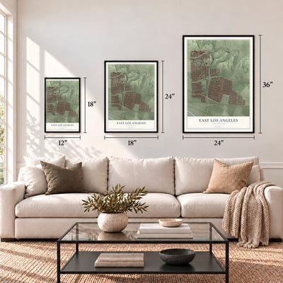 East Los Angeles, California map in 12 x 18, 18 x 24 and 24 x 36 inch sizes above a sofa