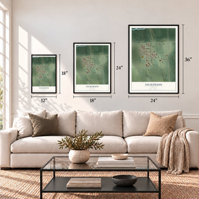 Nickerson, Nebraska map in 12 x 18, 18 x 24 and 24 x 36 inch sizes above a sofa