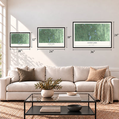 Sand Lake, New York map in 12 x 18, 18 x 24 and 24 x 36 inch sizes above a sofa