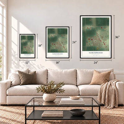 Northwood, North Dakota map in 12 x 18, 18 x 24 and 24 x 36 inch sizes above a sofa