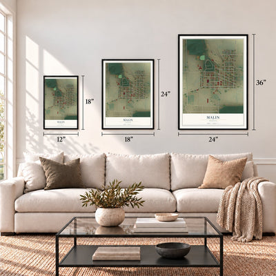 Malin, Oregon map in 12 x 18, 18 x 24 and 24 x 36 inch sizes above a sofa