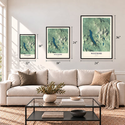 Westmore, Vermont map in 12 x 18, 18 x 24 and 24 x 36 inch sizes above a sofa