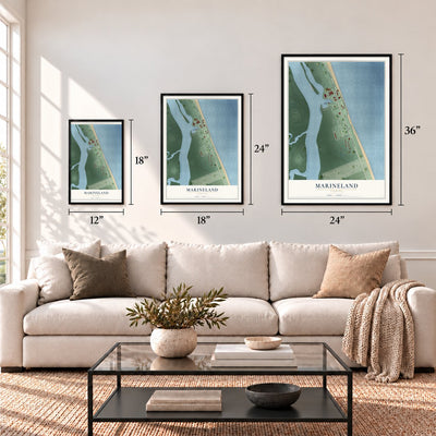 Marineland, Florida map in 12 x 18, 18 x 24 and 24 x 36 inch sizes above a sofa