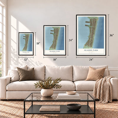 Seaside Park, New Jersey map in 12 x 18, 18 x 24 and 24 x 36 inch sizes above a sofa