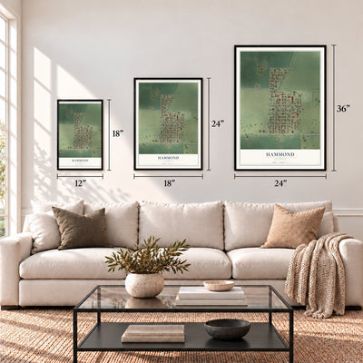 Hammond, Illinois map in 12 x 18, 18 x 24 and 24 x 36 inch sizes above a sofa