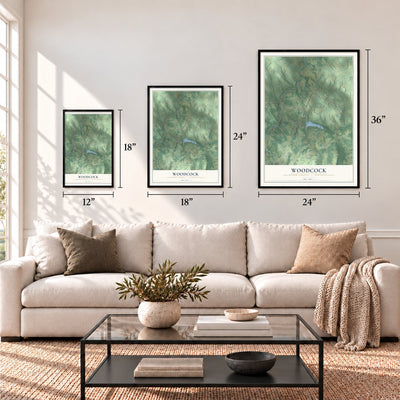 Woodcock, Crawford County, Pennsylvania map in 12 x 18, 18 x 24 and 24 x 36 inch sizes above a sofa
