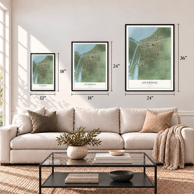 Anahuac, Texas map in 12 x 18, 18 x 24 and 24 x 36 inch sizes above a sofa