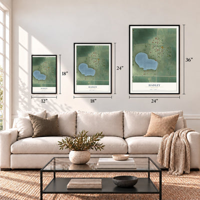 Hadley, Minnesota map in 12 x 18, 18 x 24 and 24 x 36 inch sizes above a sofa