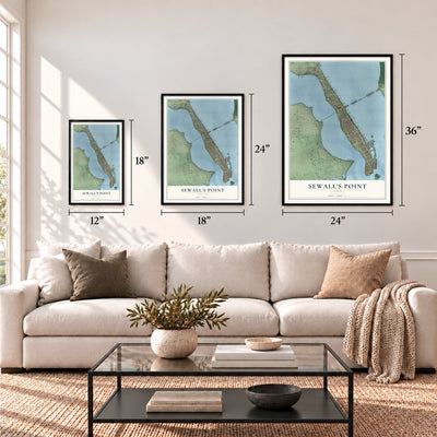 Sewall's Point, Florida map in 12 x 18, 18 x 24 and 24 x 36 inch sizes above a sofa