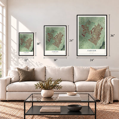 Fairview, New Jersey map in 12 x 18, 18 x 24 and 24 x 36 inch sizes above a sofa