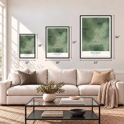Bancroft, South Dakota map in 12 x 18, 18 x 24 and 24 x 36 inch sizes above a sofa