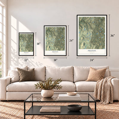 Preston, Pennsylvania map in 12 x 18, 18 x 24 and 24 x 36 inch sizes above a sofa