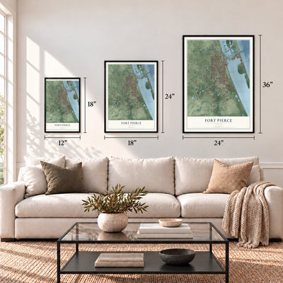 Fort Pierce, Florida map in 12 x 18, 18 x 24 and 24 x 36 inch sizes above a sofa