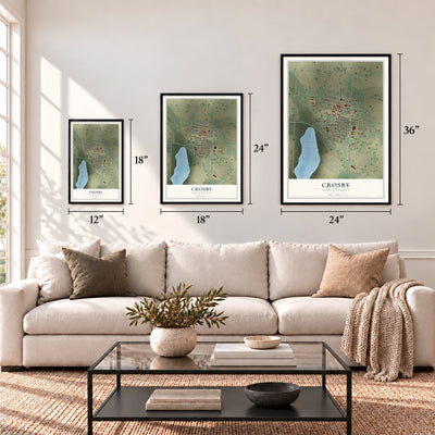 Crosby, North Dakota map in 12 x 18, 18 x 24 and 24 x 36 inch sizes above a sofa