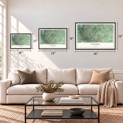 Penfield, New York map in 12 x 18, 18 x 24 and 24 x 36 inch sizes above a sofa