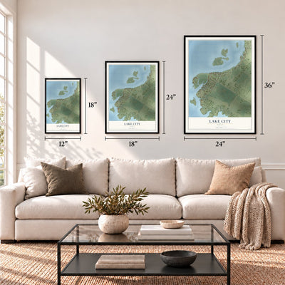 Lake City, Texas map in 12 x 18, 18 x 24 and 24 x 36 inch sizes above a sofa